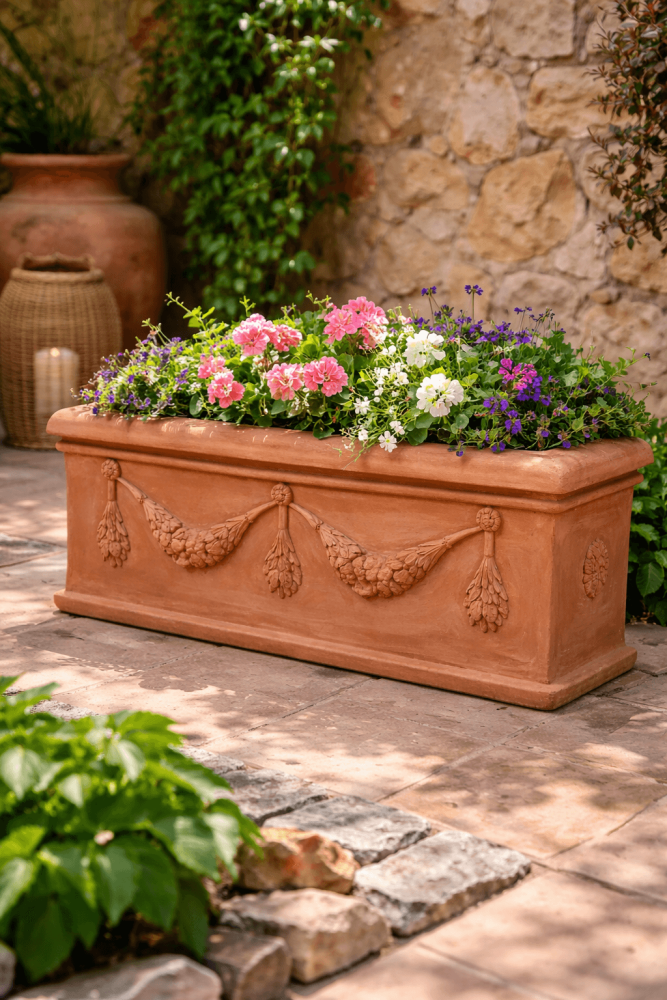 Grand bac rectangulaire en terre cuite d’Impruneta 100 × 39 × 37 cm